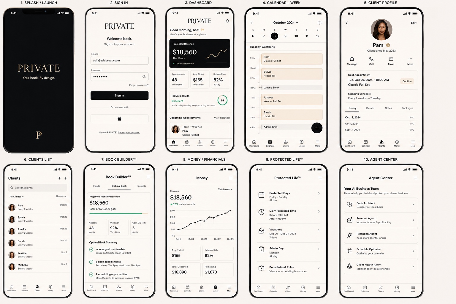 PRIVATE app dashboard, calendar, client profile, Book Builder, Money and protected time screens